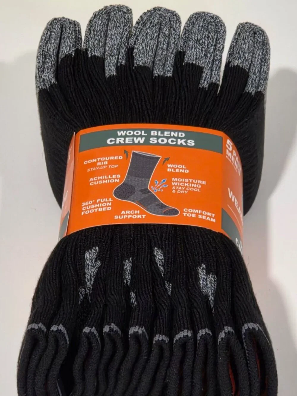 Weatherproof Vintage 5 Pair Outdoor Wool Blend Crew Sock Sz 6-12 Black Gray Hee
